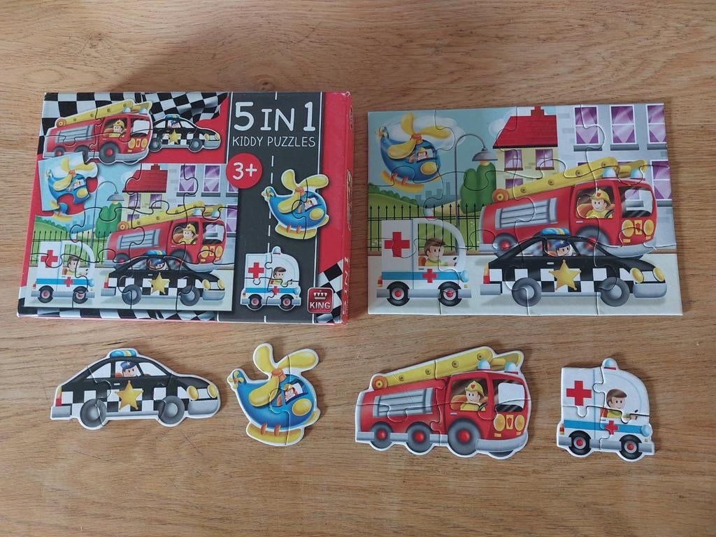 5-in-1 Kiddy Puzzels met Voertuigen, Ophalen, 10 tot 50 stukjes, Zo goed als nieuw, 2 tot 4 jaar