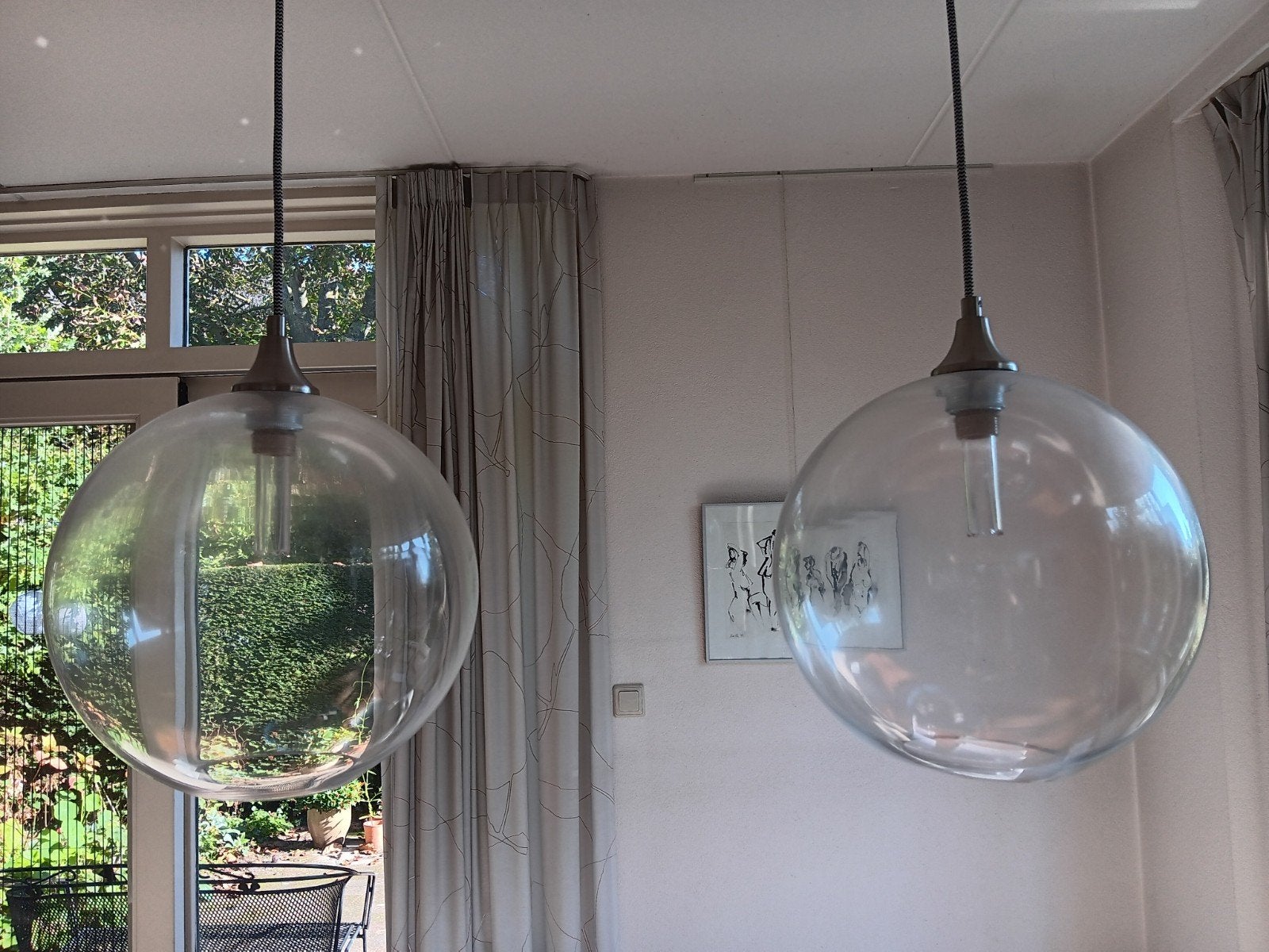 Set van 2 Grote Glazen Bol Hanglampen - Vintage Design, Ophalen, Gebruikt, E27 (groot), Glas