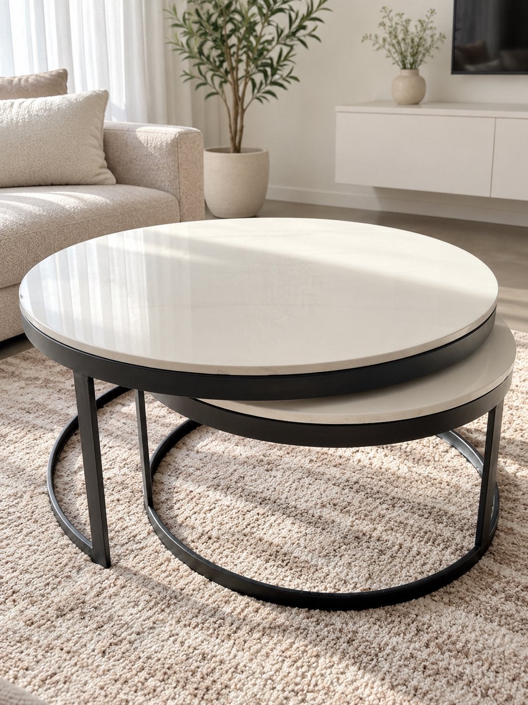 Set van 2 salontafels met marmeren blad en stalen poot, Ophalen, Rond, 50 tot 100 cm, Zo goed als nieuw