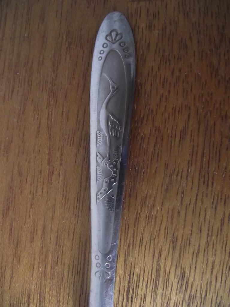 vintage ooievaar lepel geboortelepel 17 cm RVS Polen 1960, Antiek en Kunst, Antiek | Bestek, Ophalen of Verzenden