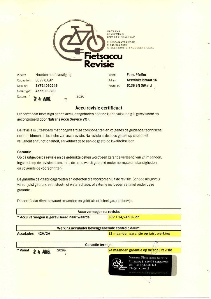 Volledig gereviseerde accu van een Batavus Monaco E-Go 7., Fietsen en Brommers, Gebruikt