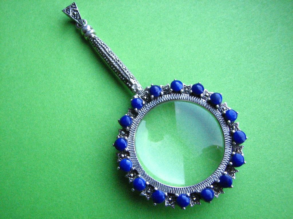 Prachtig Lang Zilveren vergrootglas met Lapis Lazuli en Mark, Verzenden, Zilver, Hanger, Met edelsteen