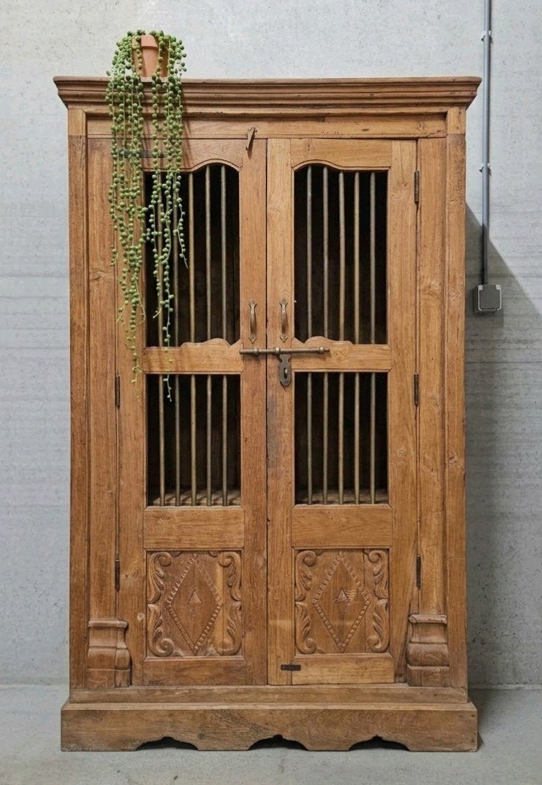 Antieke XL teakhouten authentieke spijlenkast vintage kast, Ophalen of Verzenden