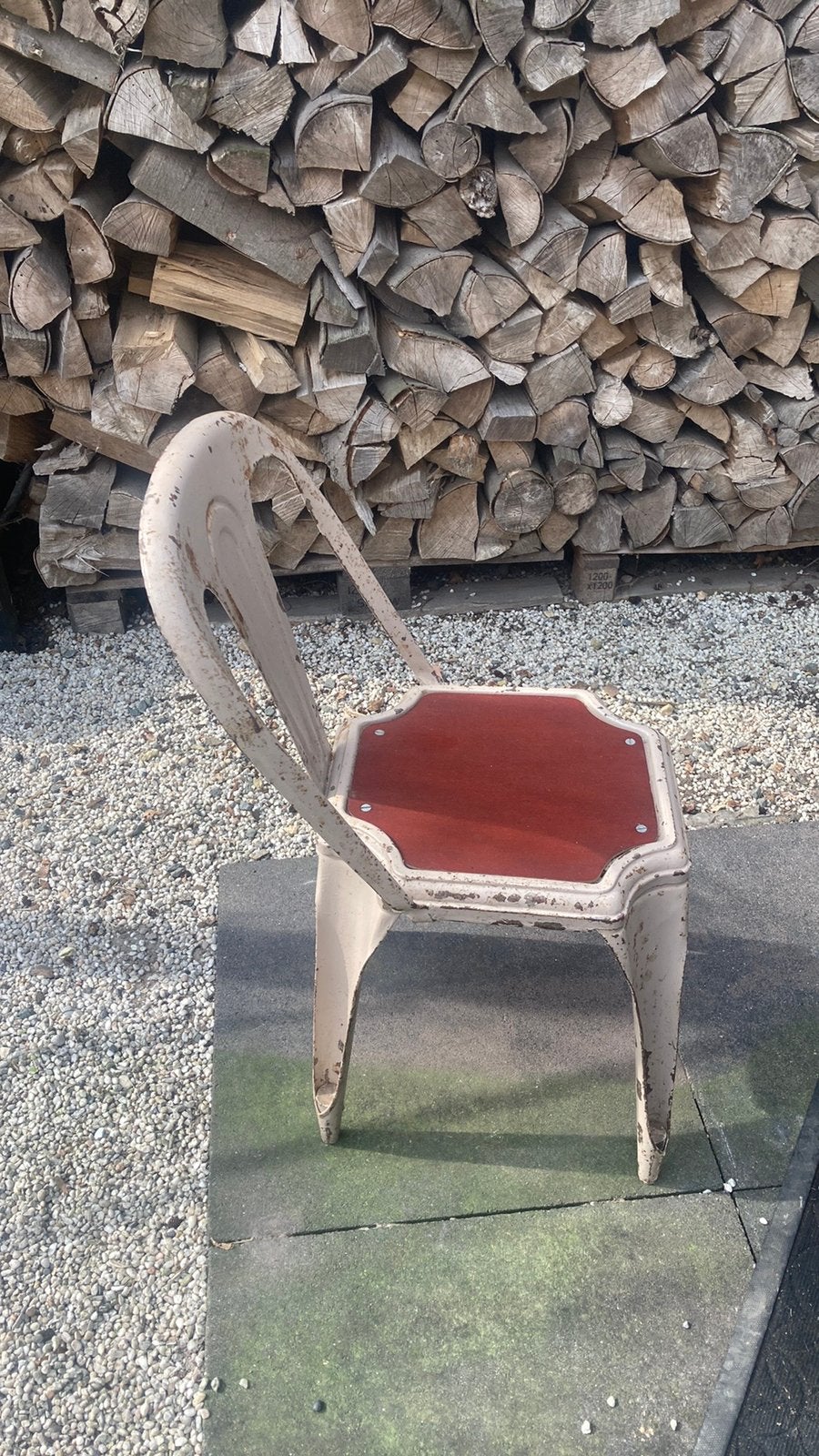 7 vintage stoelen Fibrocit. van metaal met houten zitting, Ophalen, Gebruikt, Metaal, Stapelbaar