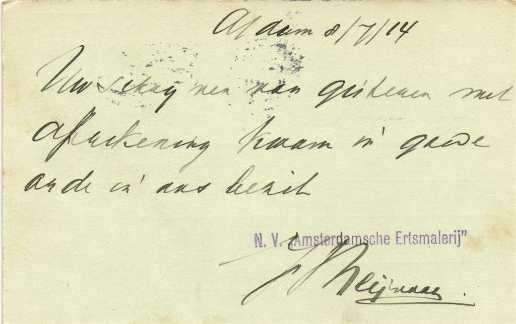NV Amsterdamsche Ertsmalerij, Amsterdam - 07.1914 - briefkaa, Ophalen of Verzenden, Briefkaart