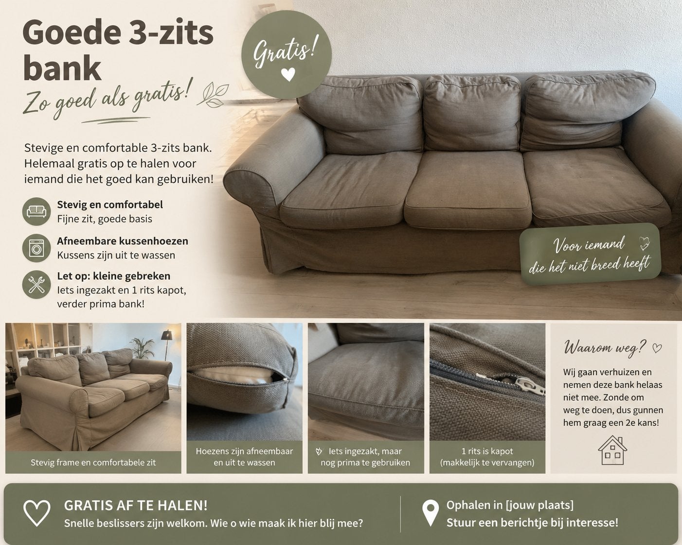 Gratis, Ophalen, Gebruikt, Driepersoons, 75 tot 100 cm