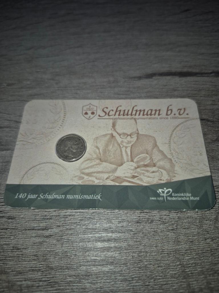 Schulman zilveren vijf cent in coincard 1869, Ophalen of Verzenden, Nederland, Munten