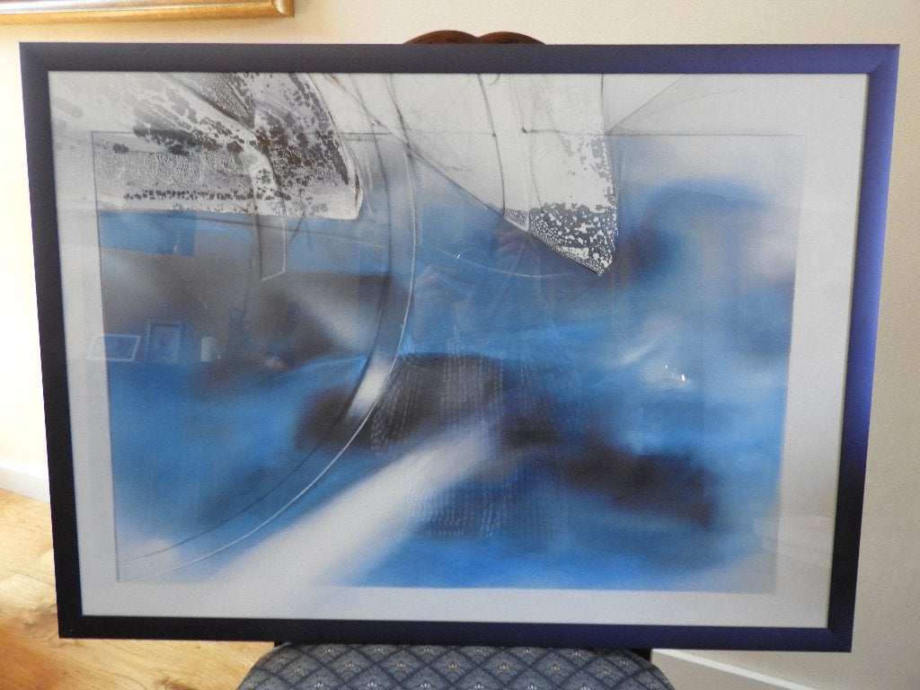 Abstracte litho in blauw- en grijstinten - modern ingelijst, Ingelijst, Ophalen, Abstract, Lithografie