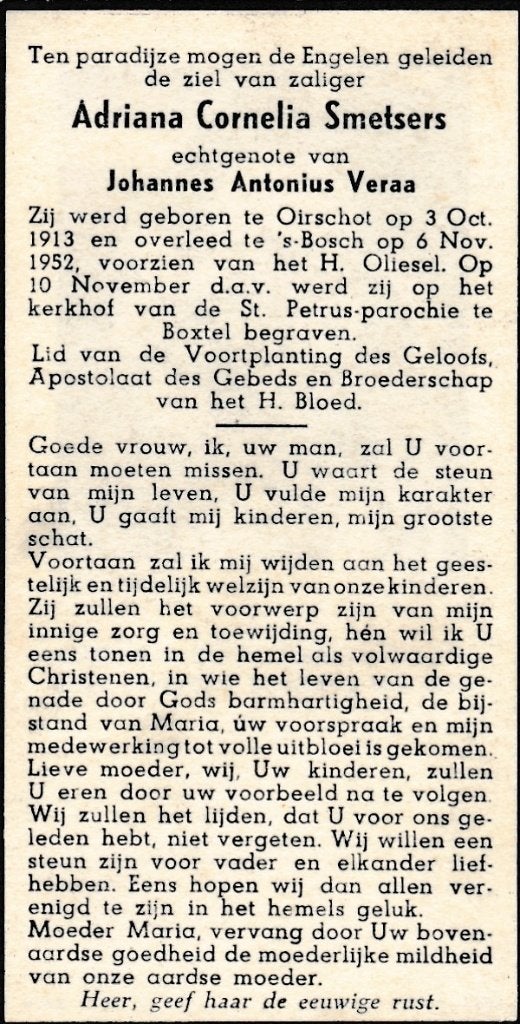 Smetsers Adriana  1913 Oirschot 1952 Den Bosch, Ophalen of Verzenden, Bidprentje