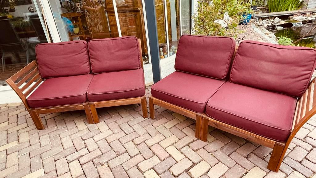 2 Houten Loungebanken met Kussens - 4 Zitplaatsen, Ophalen, 4 zitplaatsen, Gebruikt, Loungeset
