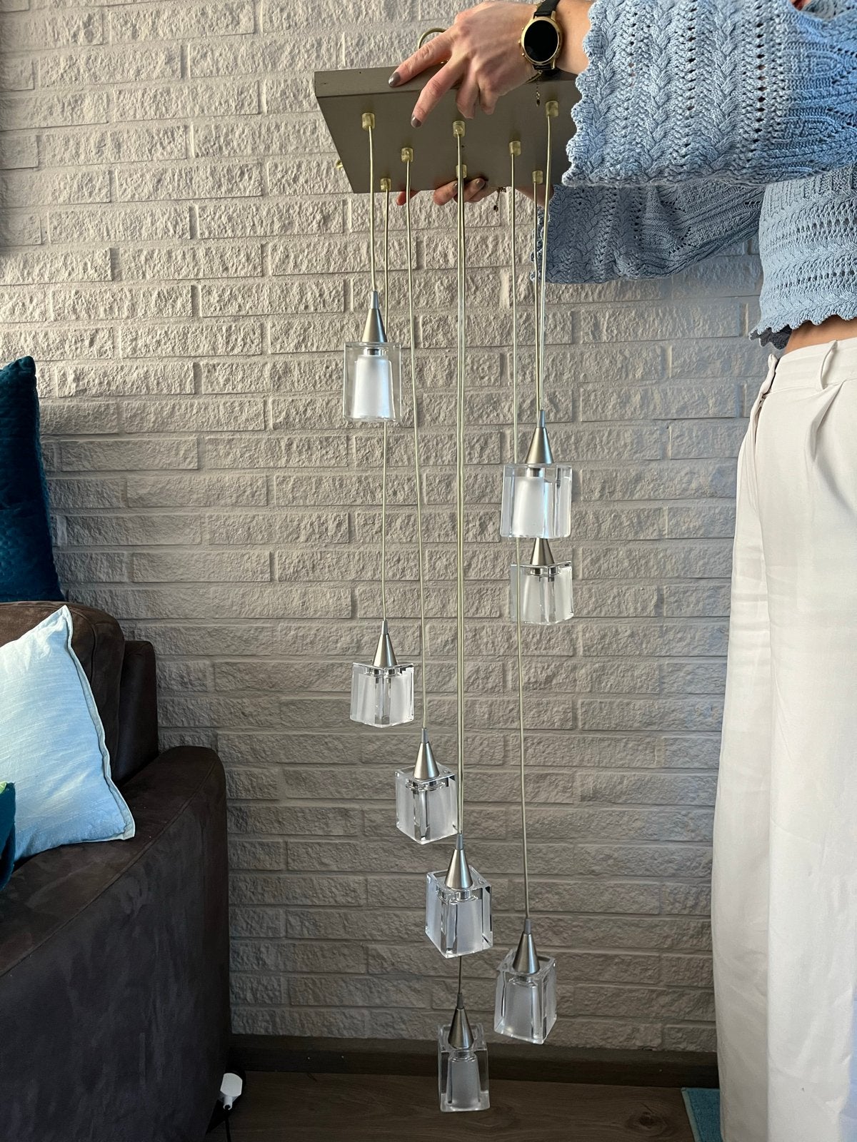 Moderne hanglamp met 8 glazen kubussen, Master-Light, Ophalen of Verzenden, Zo goed als nieuw, Glas