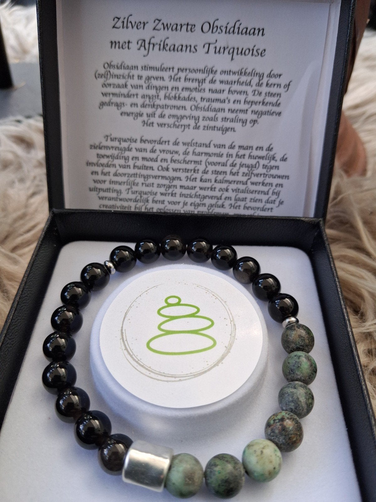 Heren armband  natuurstenen Obsidiaan en Afrikaans Turquo
