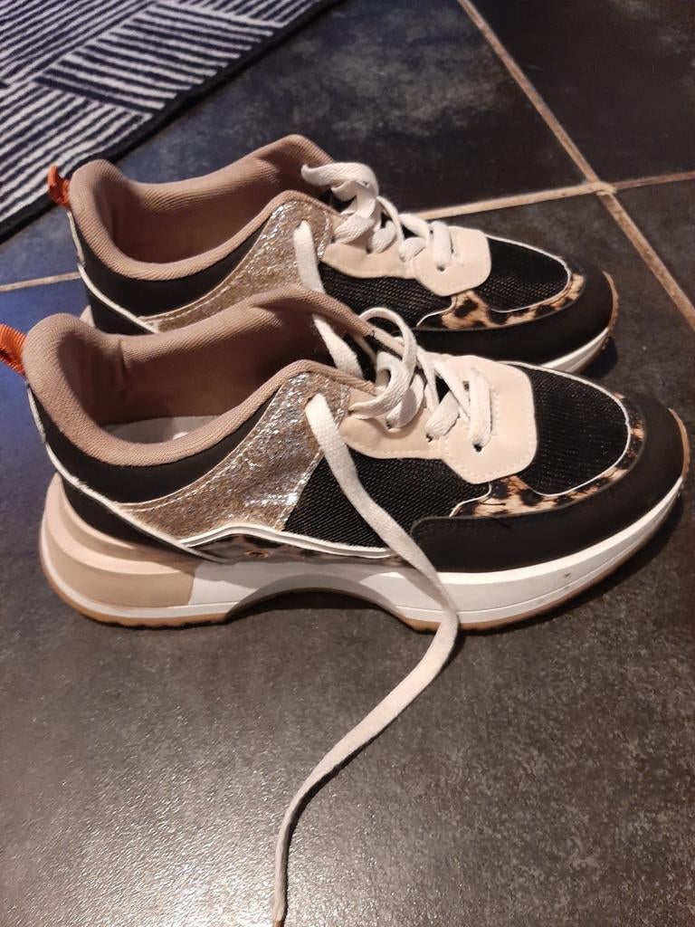 Dames sneakers mt 40 - Zwart met glitter en panterprint, Ophalen of Verzenden, Zo goed als nieuw, Zwart, Sneakers of Gympen