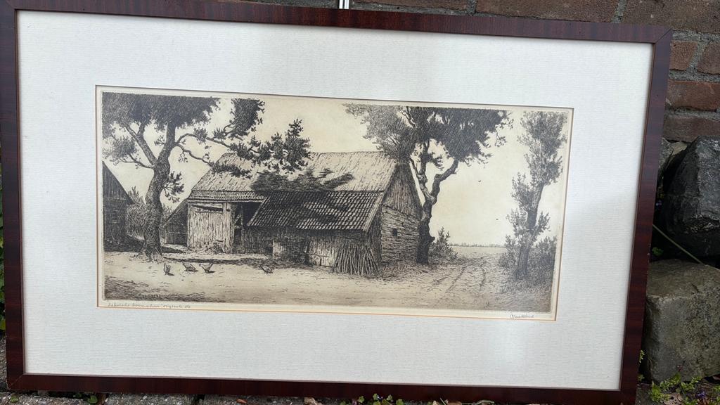 Originele ets 'Saksische boerenschuur' door C. M. de Moor, Ets, Ophalen of Verzenden, Gesigneerd, Landschap