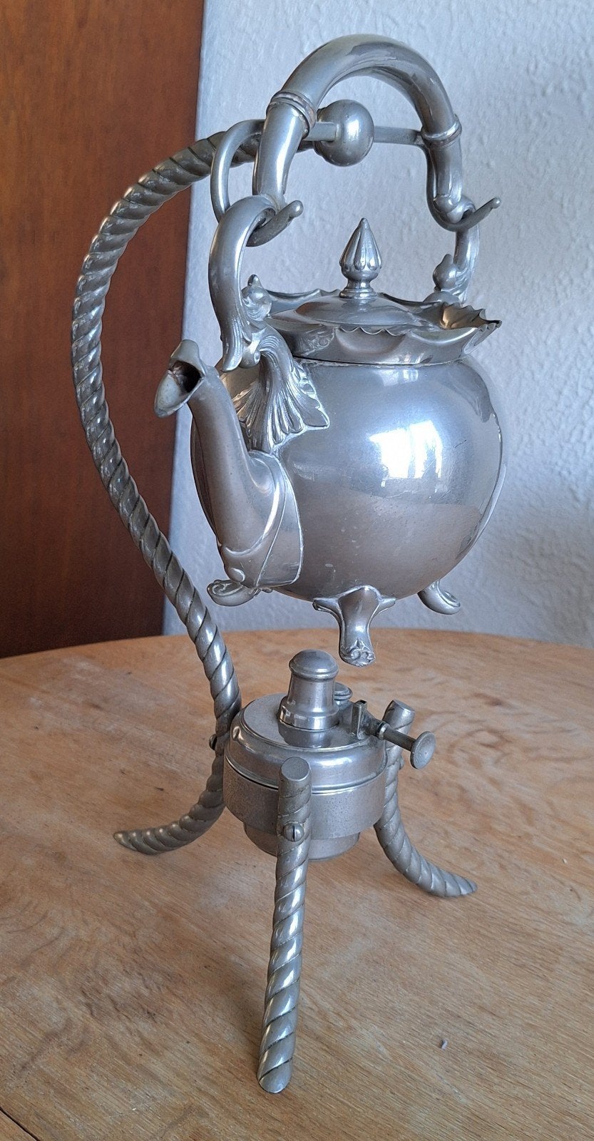 Antieke tinnen theepot met rechaud, Ophalen of Verzenden