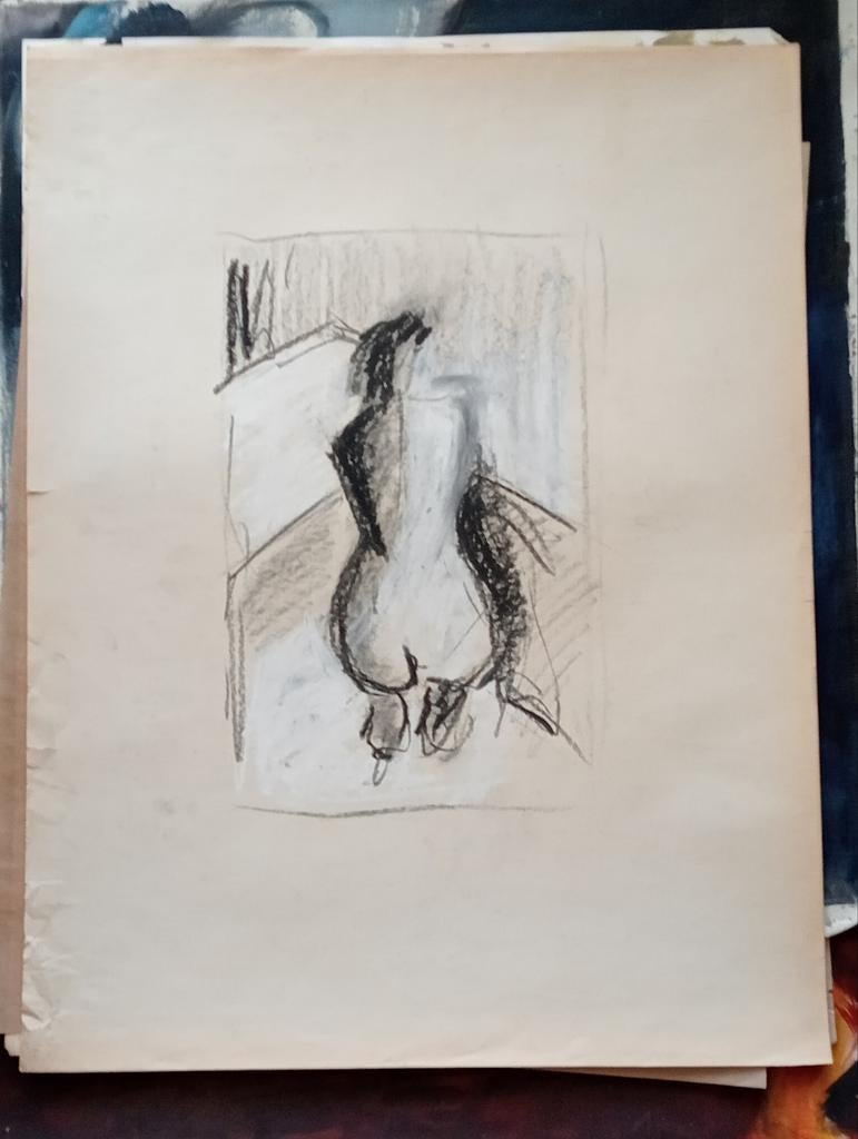 Krijt tekening zittend Naakt erotiek circa 1990, Ophalen of Verzenden