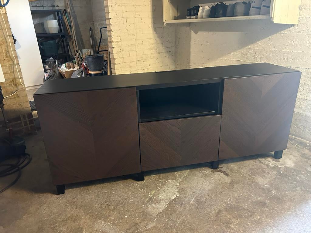 Ikea TV-meubel zwart met walnoot visgraat frontjes, Ophalen, 150 tot 200 cm, Zo goed als nieuw, Minder dan 100 cm