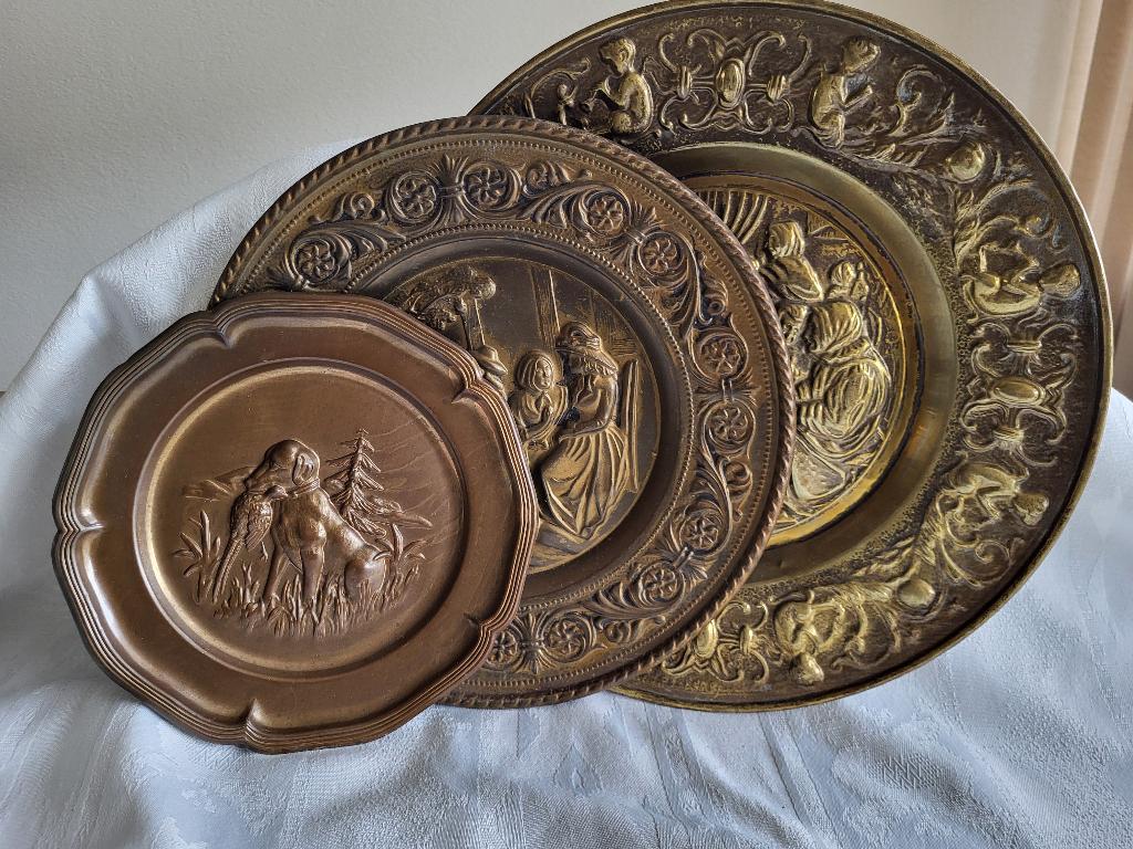 3 vintage koperen wand borden, Ophalen of Verzenden