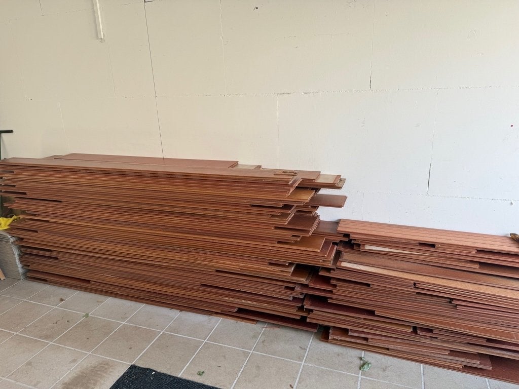 Jatoba houten vloer 52m2, Ophalen, Gebruikt, Vloerdelen of -planken, 10 m² of meer