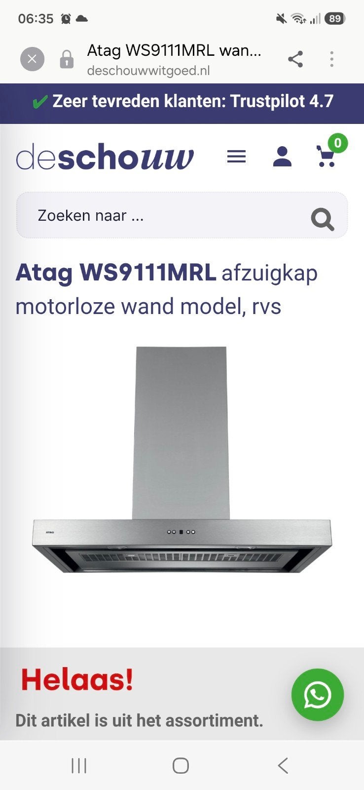Nieuw ATAG WS9111MRL 90 cm afzuigkap motorloze wand model, r, Ophalen, Nieuw, 600 tot 800 m³ per uur, Wandschouwkap
