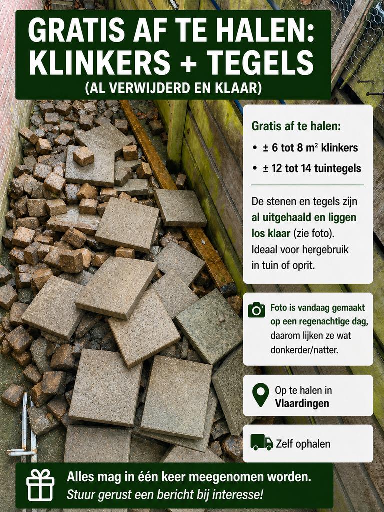 Gratis klinkers + tegels, Tuin en Terras, Tegels en Klinkers, Ophalen, Beton, Klinkers
