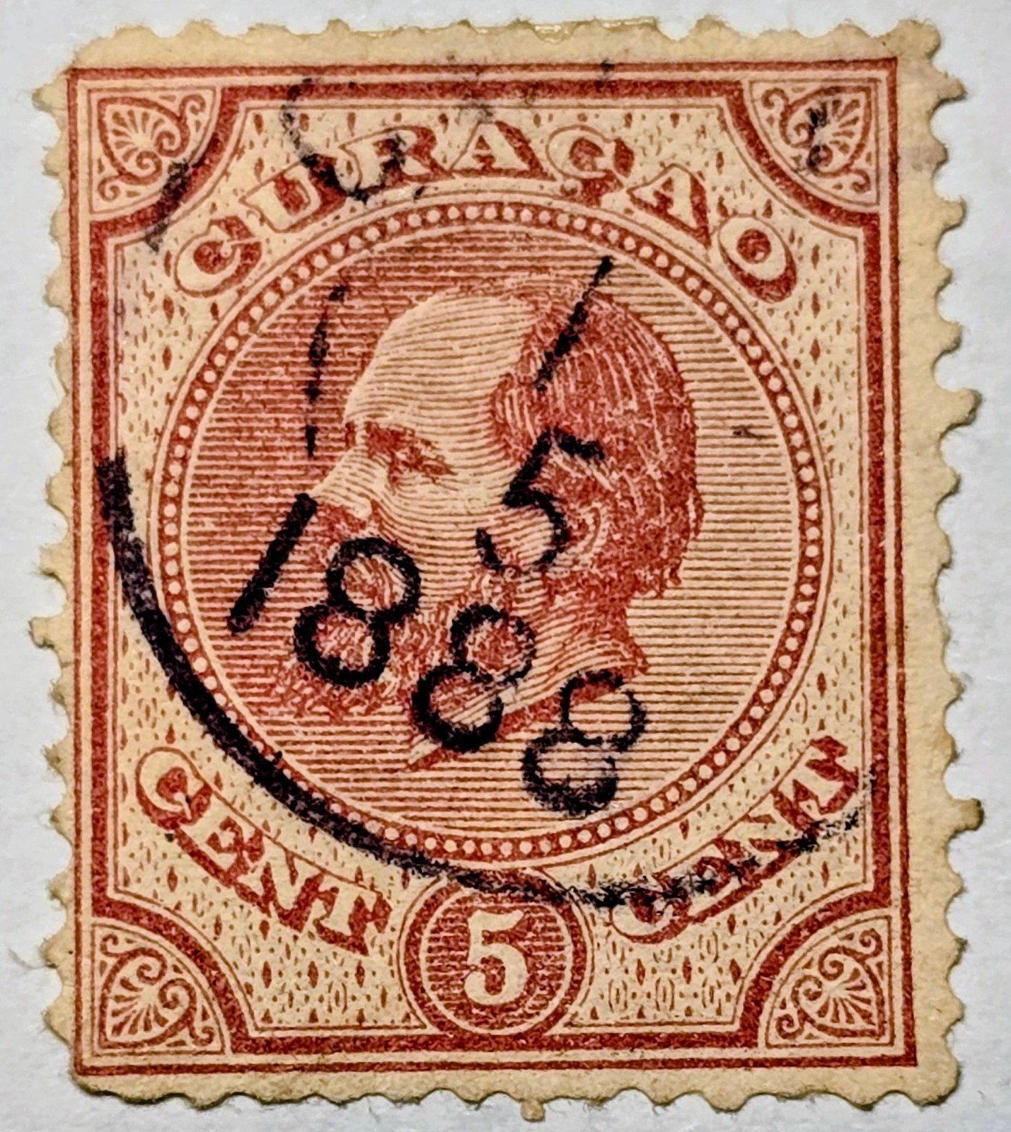 Curaçao 1888, 5 cent, Koning Willem III, gestempeld, Postzegels en Munten, Ophalen of Verzenden, Gestempeld