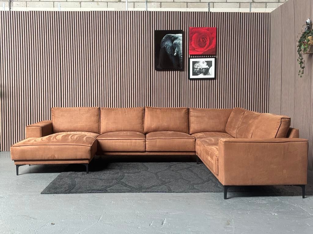 GRATIS LEVERING U-Bank Cognac 340x260x150 GEREINIGD, Hoekbank, 300 cm of meer, Ophalen of Verzenden, Zo goed als nieuw