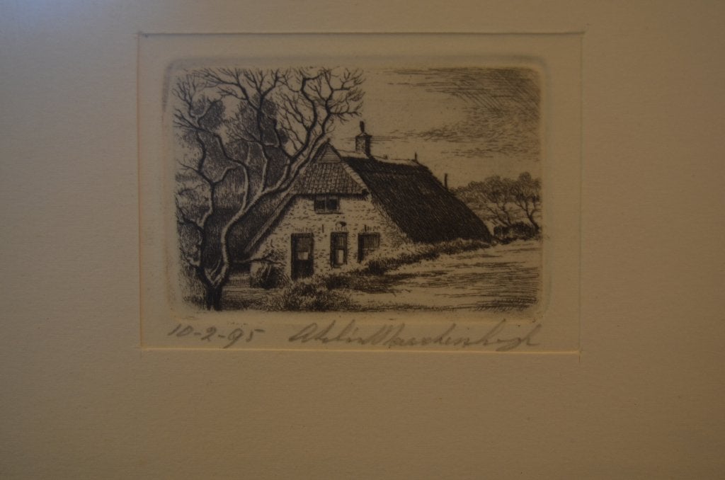 Klein etsje uit 1995 boerenwoning geen idee waar, Antiek en Kunst, Kunst | Etsen en Gravures, Gesigneerd, 12 cm, Landschap, 1950 - 1999