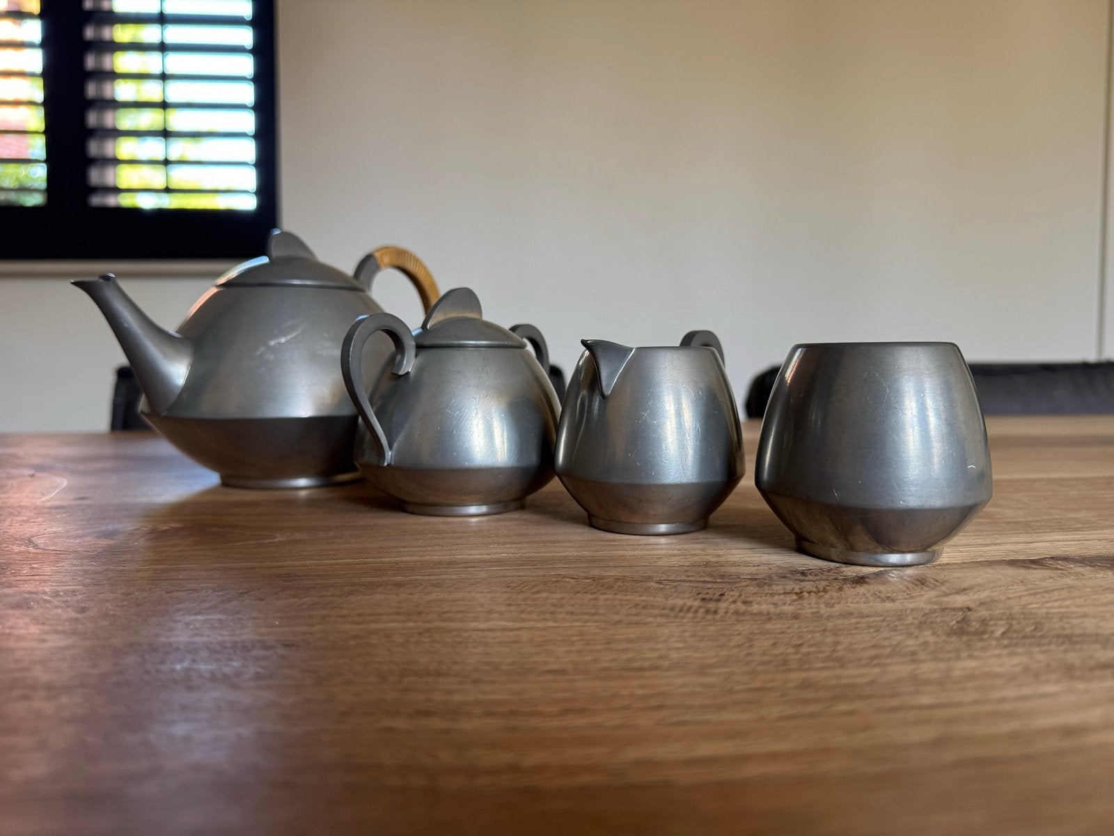 Vintage tinnen theeservies - theepot, suikerpot, melkkan, Ophalen of Verzenden