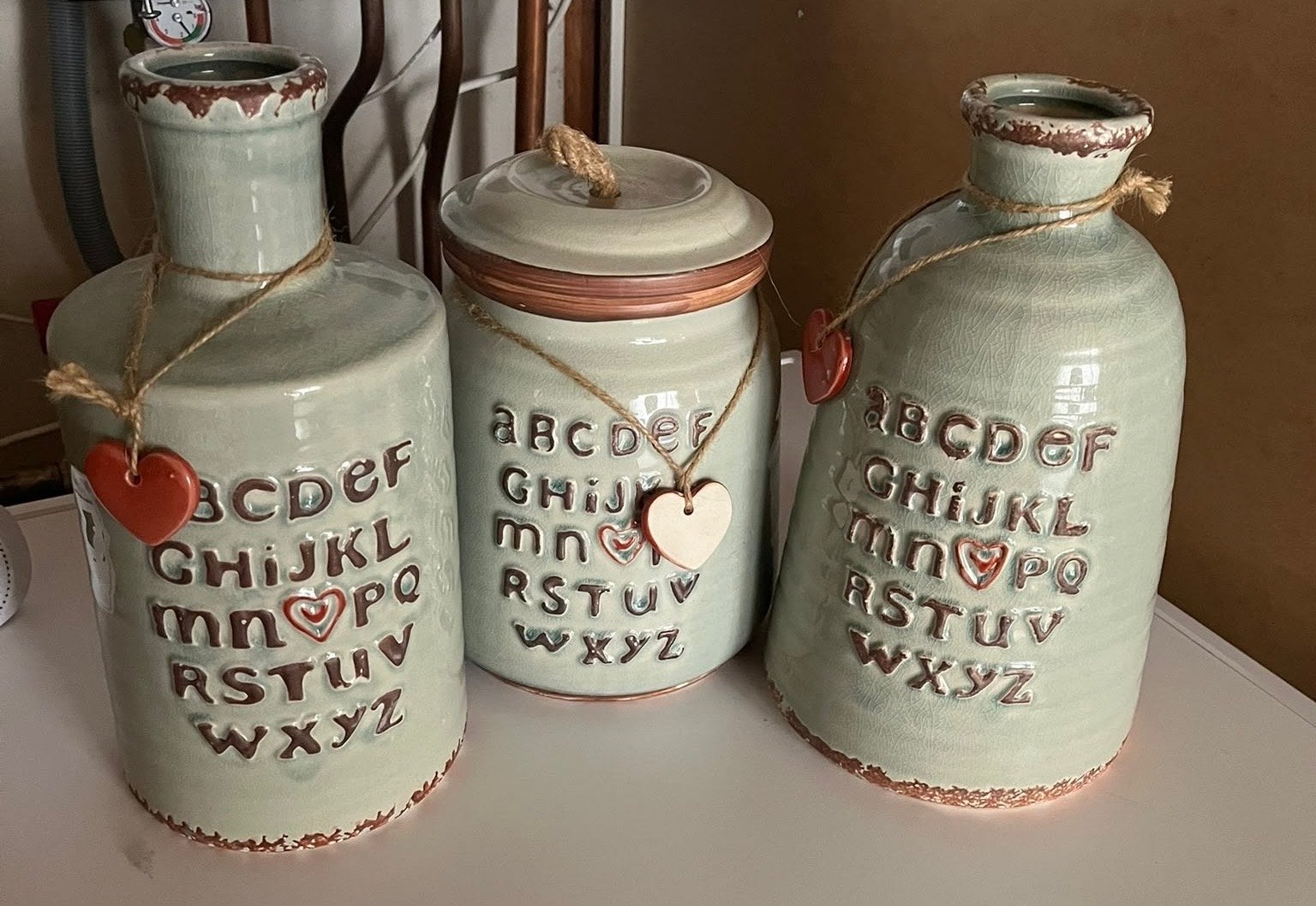 Vazen set: 2 vazen en 1 pot met alfabet design, Ophalen, Groen, Gebruikt, Landelijk