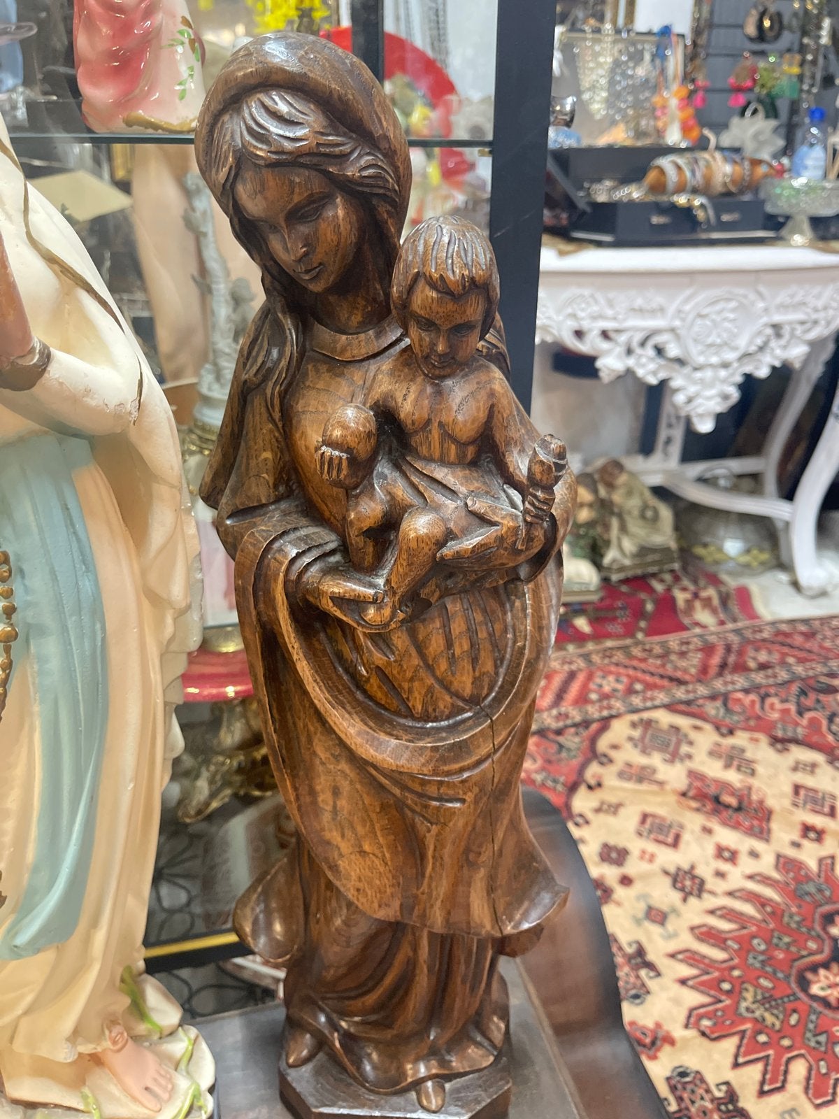 Houten beeld Maria met kindje Jezus, Antiek en Kunst, Antiek | Religie, Ophalen of Verzenden