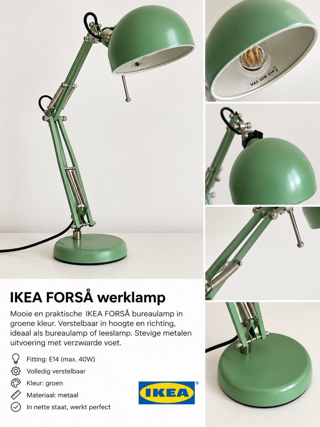 IKEA FORSÅ Bureaulamp Groen - Verstelbaar & Nieuwstaat, Bureaulamp, E14 (klein), Nieuw, Ophalen of Verzenden