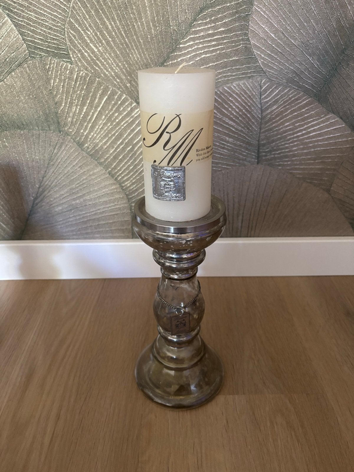 Rivièra Maison Kandelaar met Kaars - Zilverkleurig Glas, Ophalen, Rivièra Maison, Kandelaar, Zilver