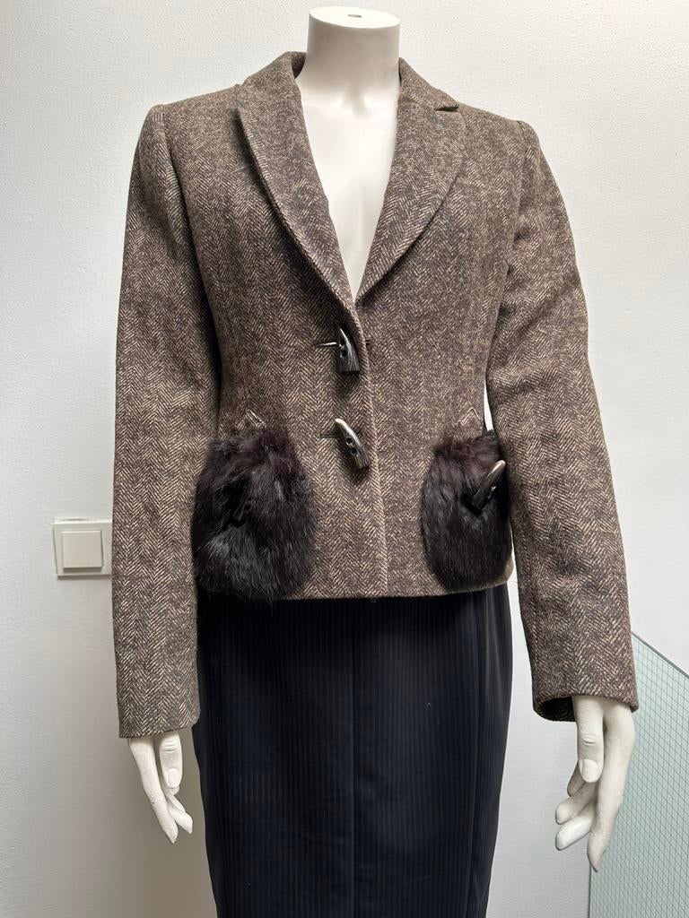 SCAPA colberjasje donkerbruin visgraad tweed met bont zakjes, Kleding | Dames, Jasjes, Kostuums en Pakken, Maat 38/40 (M), Scapa