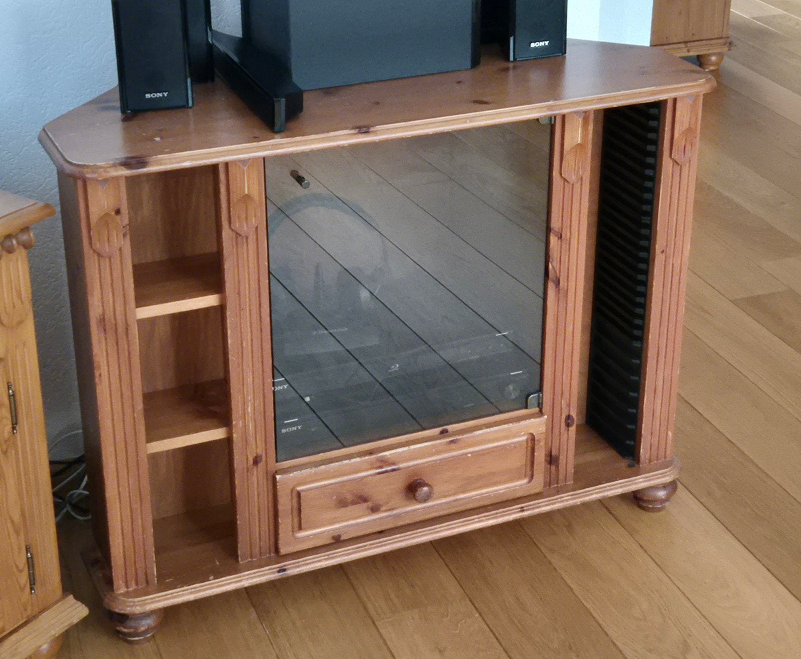 Grenen houten stereo audio meubel met opbergruimte, Ophalen, Gebruikt, 100 tot 150 cm, Rustiek