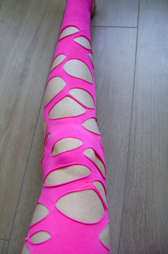 roze gaten legging tights killstar cyber goth punk rock, Legging, Fluor roze cybergoth, Verzenden, Maat 40/42 (M)