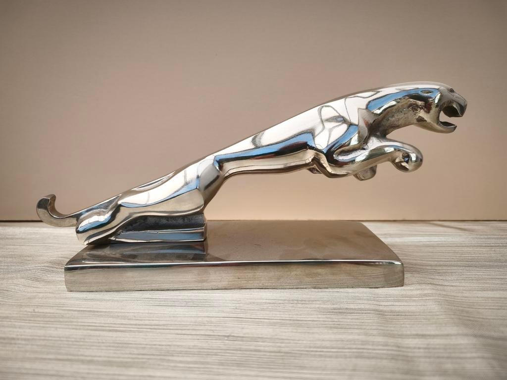 Verchroomd Jaguar Beeld op Sokkel - Decoratief, Zilver, Ophalen of Verzenden, Zoogdier, 20 - 50 cm