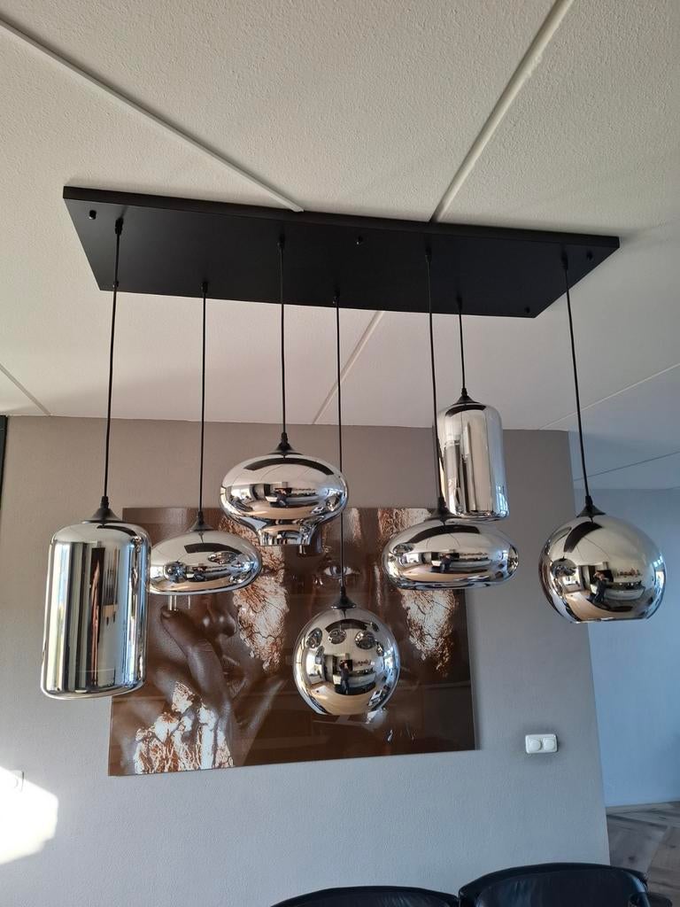 Chique hotel hanglamp met 7 glazen bollen, Hotel chique, Modern, Ophalen of Verzenden, Zo goed als nieuw, Glas