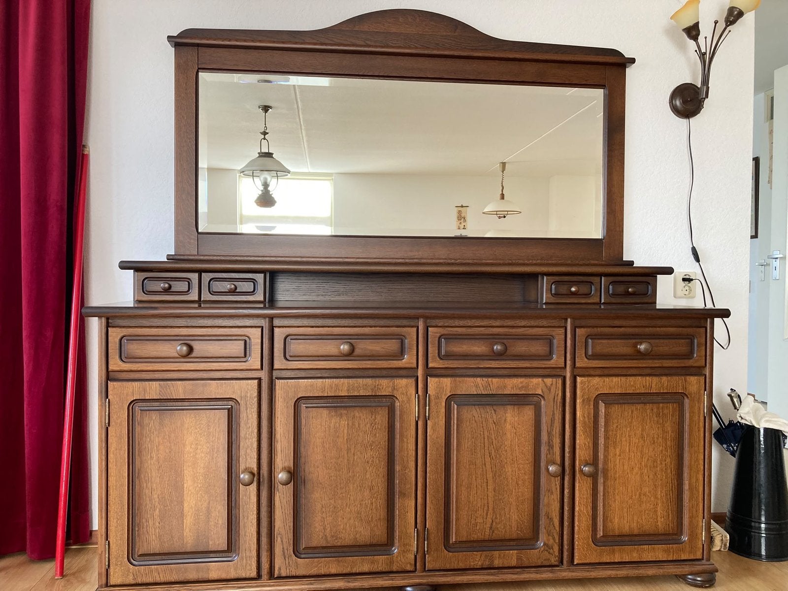 Massief houten dressoir met spiegel, Ophalen, Gebruikt, 150 tot 200 cm, Met lade(s)