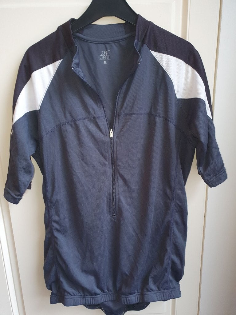 Wielershirt John Cabot mt.M grijs/blauw-wit-zwart korte mouw, Ophalen of Verzenden, Zo goed als nieuw, Kleding