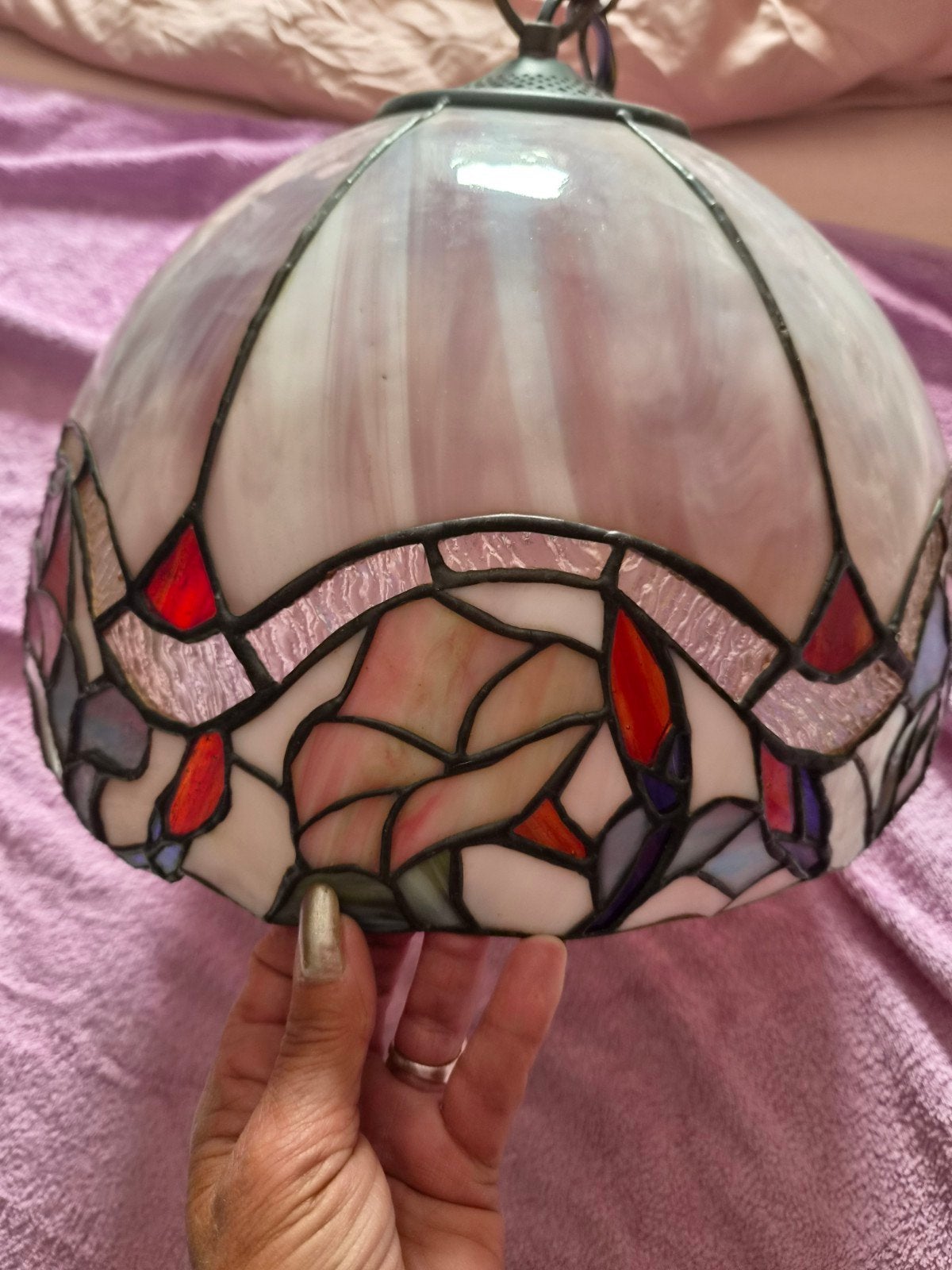 Tiffany Stijl Hanglamp - Roze/Paars Glas, Ophalen, Gebruikt, E27 (groot), Tiffany