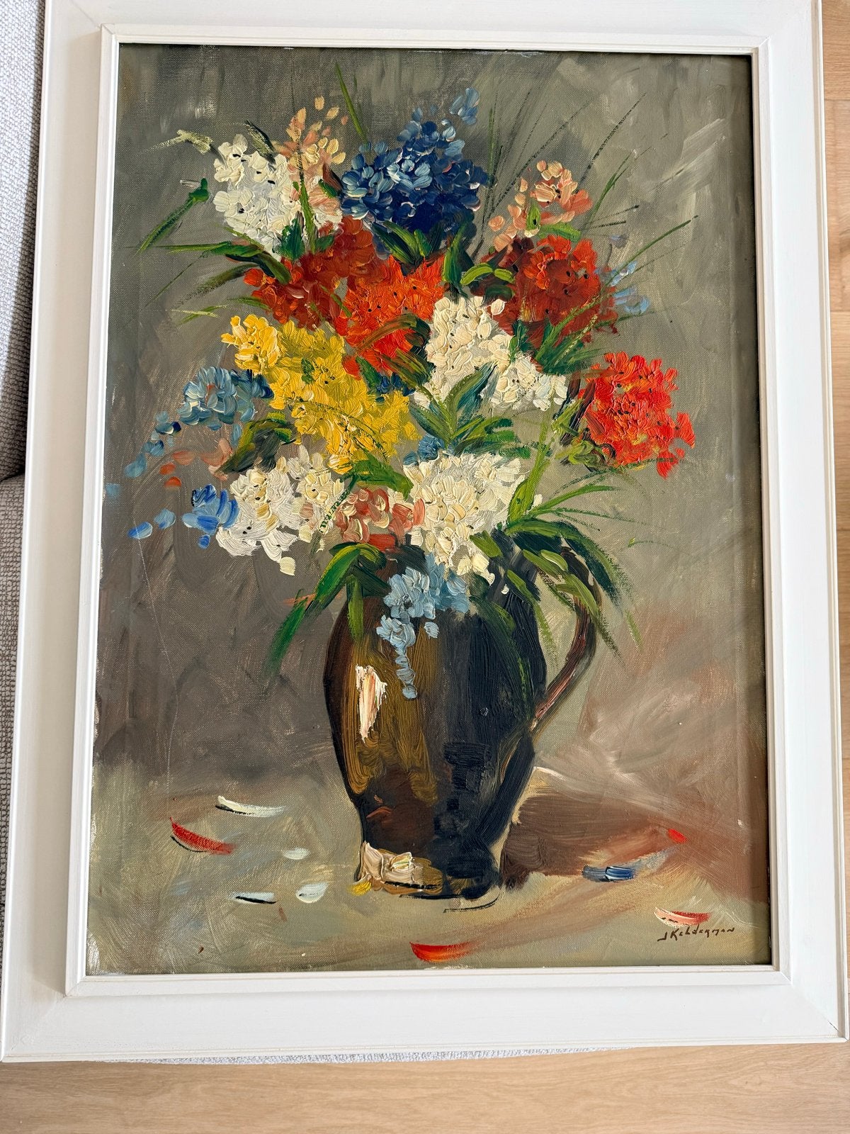 Kleurrijk bloemstilleven, gesigneerd J. Kelderman, Doek, Realistisch, Gesigneerd, Olieverf