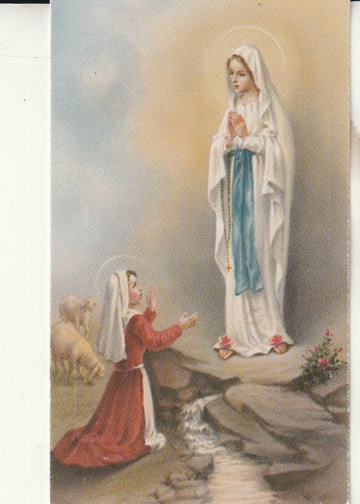 Vintage bidprentje Lourdes Maria en Bernadette, Ophalen of Verzenden, Gebruikt, Kaart of Prent, Christendom | Katholiek