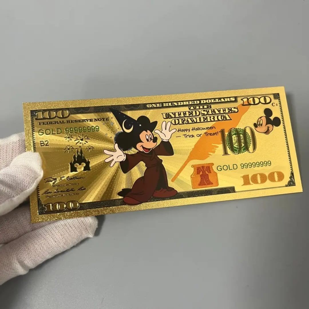 Mickey Mouse Tovenaar Goudfolie Biljet., Verzamelen, Disney, Ophalen of Verzenden, Mickey Mouse, Beeldje of Figuurtje
