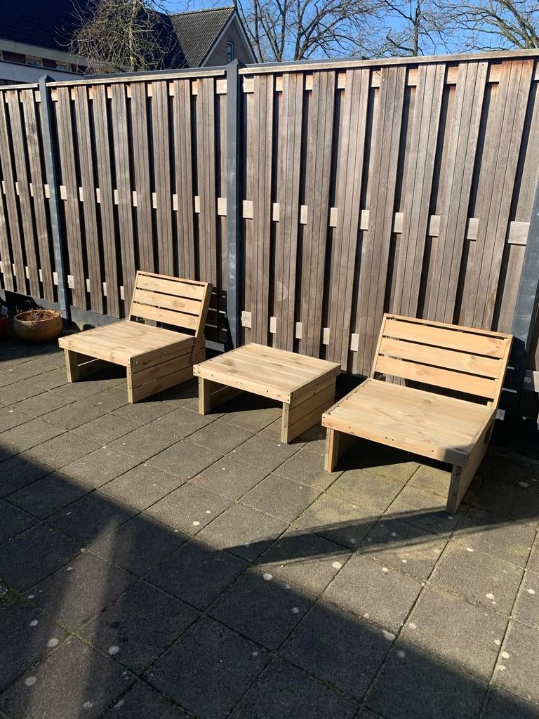 Houten loungeset 4 zitjes en 2 tafeltje, 2 zitplaatsen, Nieuw, Ophalen of Verzenden, Loungeset