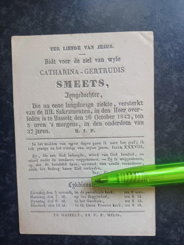 Bidprentje Hasselt Catherina Smeets 1805 1842, Ophalen, Bidprentje