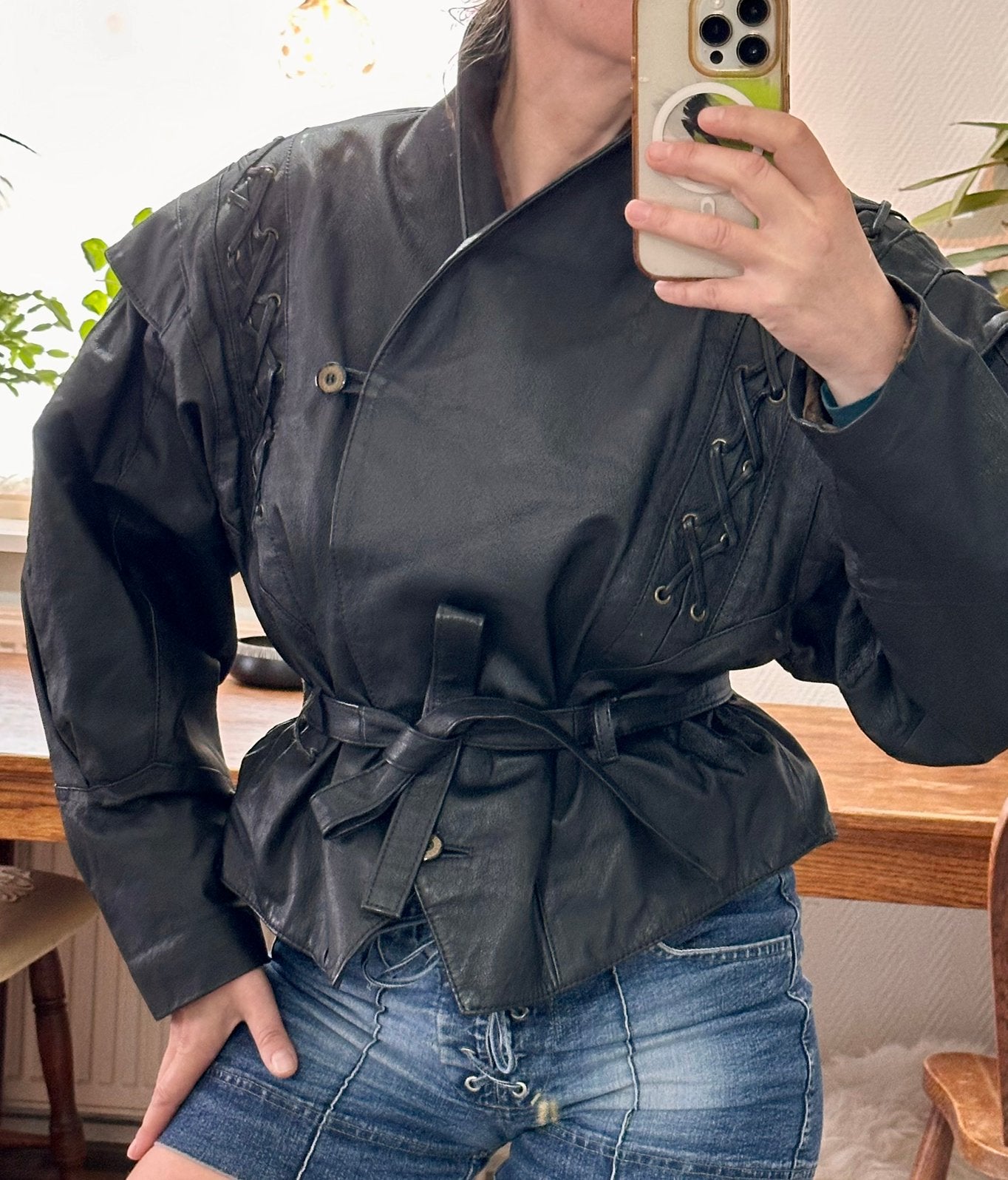 True Vintage 80s Black Nappa Leather Lace-Up Jacket Size S, Kleding | Dames, Ophalen of Verzenden, Zo goed als nieuw, Maat 36 (S)