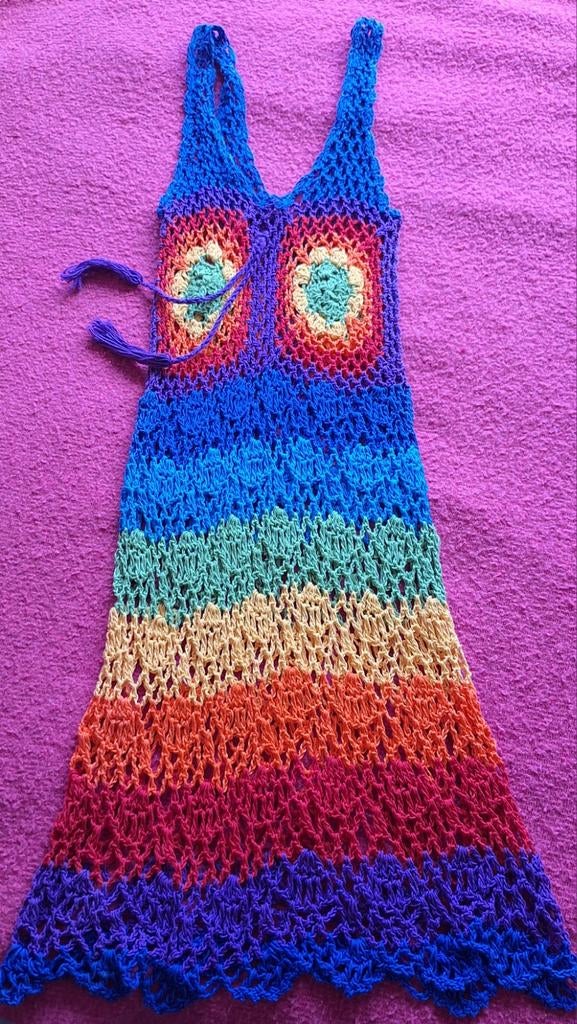 Gehaakt zomerjurkje in regenboogkleuren, Overige kleuren, Ophalen of Verzenden, Zo goed als nieuw, Maat 36 (S)