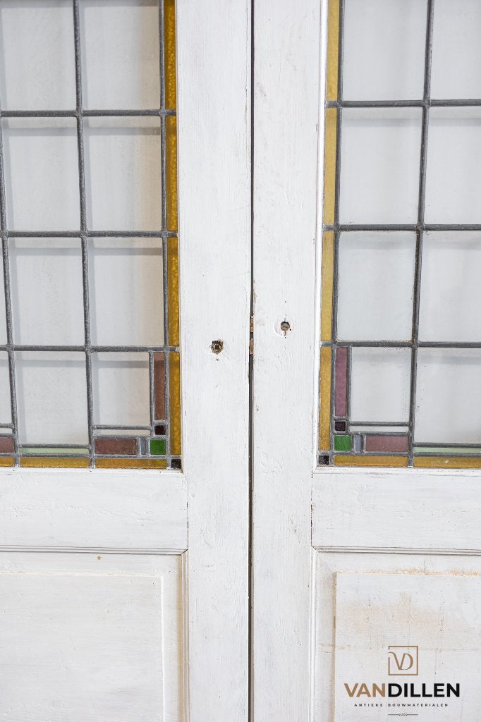 Set oude openslaande deuren met glas in lood 205 x 76.5, 120 cm of meer, Binnendeur, Ophalen of Verzenden, Zo goed als nieuw