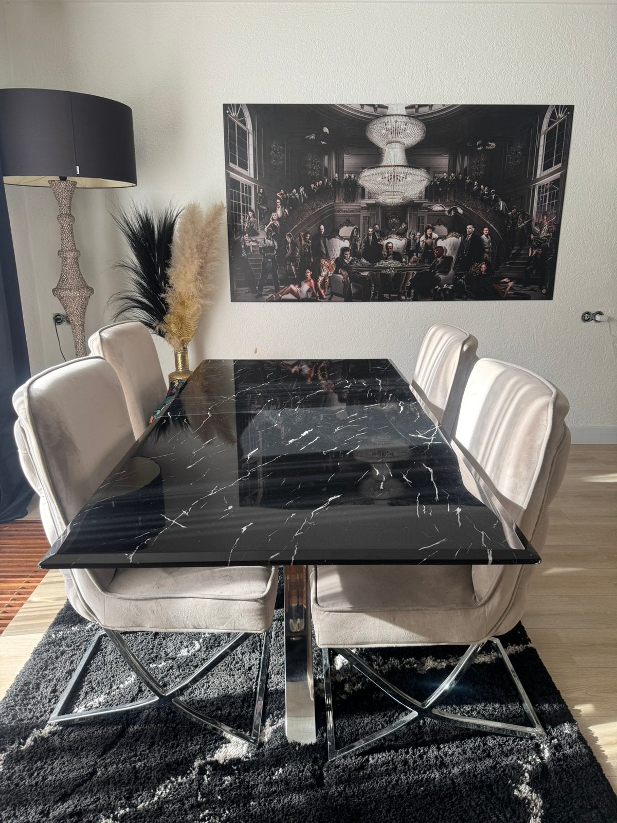 Eet tafel marmer met stoelen, Ophalen, Gebruikt, 4 tot 6 stoelen